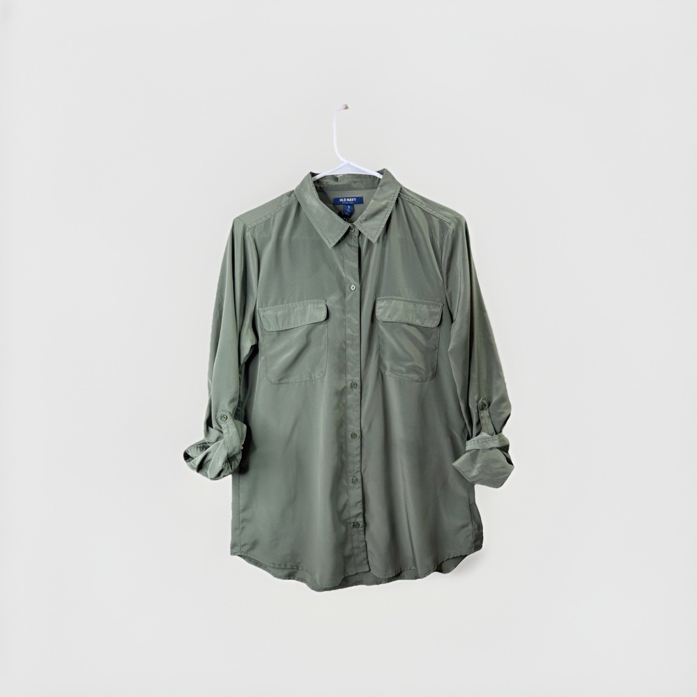 Old Navy Women's Medium Tall Olive Green Button Down Utility Shirt Long Sleeve